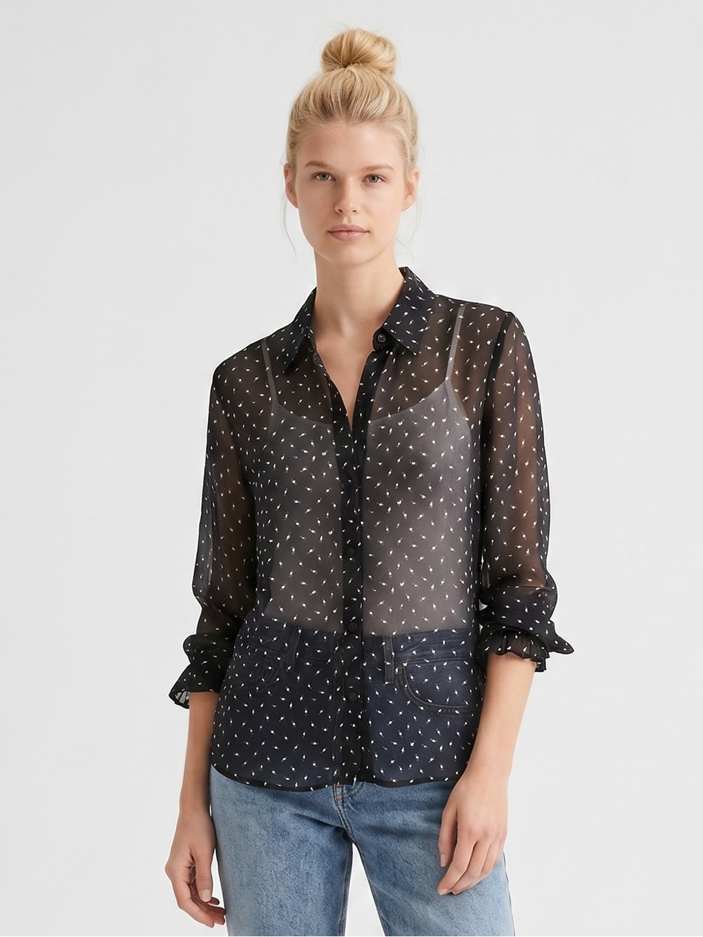 Karina Grimaldi Sheer Black Floral Printed Button-Down Blouse. Cottagecore.